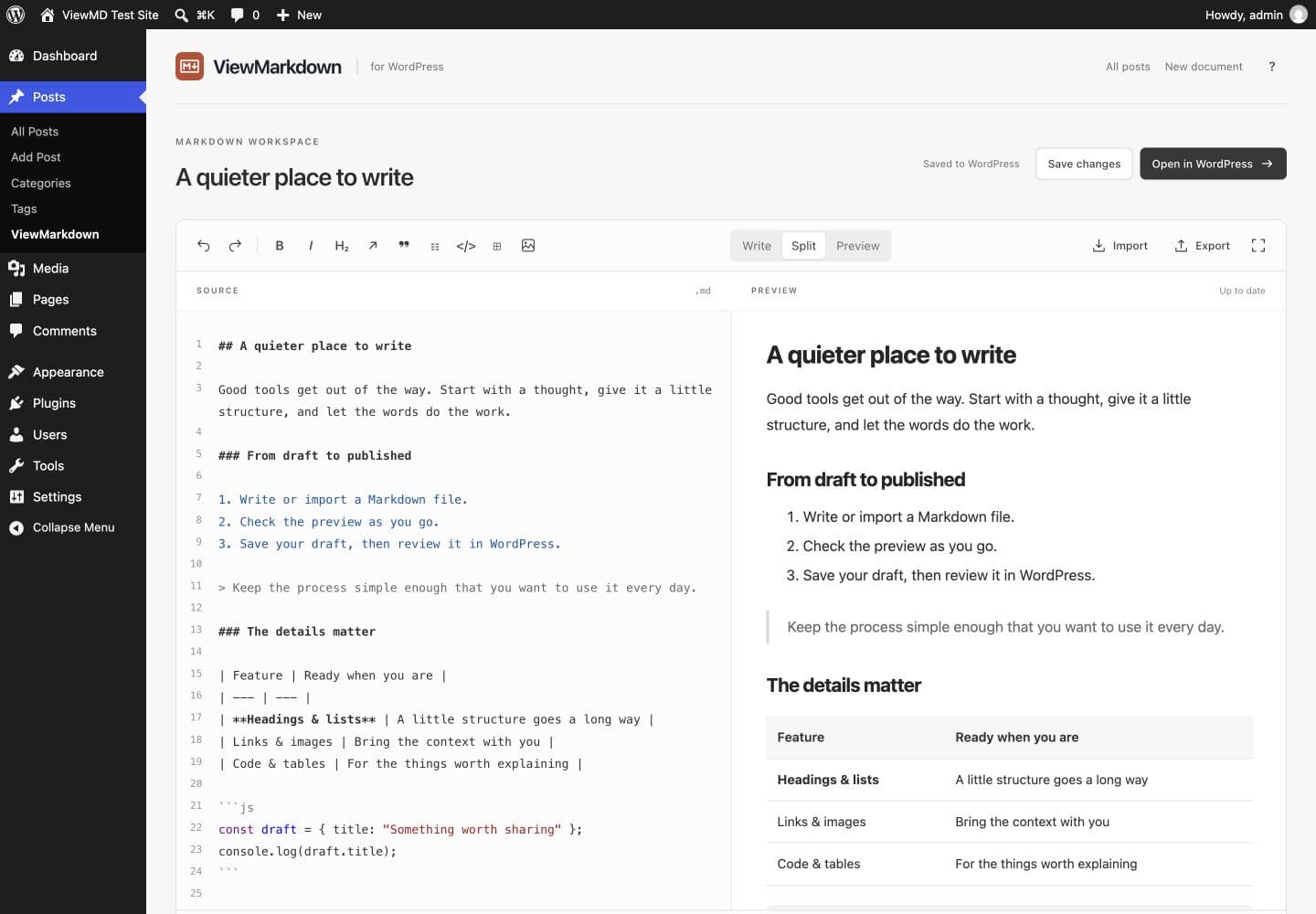 ViewMarkdown inside WordPress: Markdown source beside its rendered preview, with a white and gray workspace.